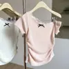 Suéter Mint Mambo Dulce Nuevo Ajustado 25 Verano Hombro Inclinado Encaje Patchwork Manga Corta Top de Lazo para Mujer