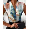 Camisa Casual Sem Mangas com Decote V Estampada Moda Europeia e Americana