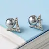 Brincos de tarraxa com pérola estilo Liu Tao, agulha de prata 925, brincos de moda femininos estilo coreano, brincos geométricos em V com microdiamantes embutidos, elegantes