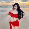 Biquíni Cortado Estilo Hong Kong Vermelho Retrô Saia Longa Traje de Banho Três Peças para Mulheres Mostrar Clareamento Traje de Banho Quente Xiaohongshu