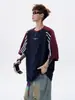Camiseta Masculina Manga Curta Gola Redonda Bordada Listrada Estilo Étnico Retrô Color Block Casual Tendência Marca Primavera Casal Top Americano