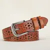 Cinturón Transpirable para Mujer Cuero Casual Versátil Hueco Decorativo Hebilla de Pin Moda Cinturón para Jeans Sin Perforaciones