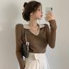 1377 # 2025 Primavera e Outono Novo Design de Gola de Cor Contrastante Malhas Tricô Tops de Manga Curta Longa Camisas Básicas para Mulheres