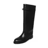 Botas de montaria femininas de couro bovino de duas camadas, novas botas longas de perna reta, couro genuíno, bico redondo, salto baixo, sem cadarço, botas altas acima do joelho