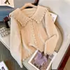 Otoño e Invierno Nuevo Estilo Coreano Holgado Adelgazante Hueco Encaje Cuello de Muñeca Cardigan de Punto Dulce Estilo Todo-partido Chaqueta Suéter