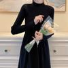 Vestido de punto de manga larga estilo francés suave para mujer, vestido de suéter básico de cuello medio alto con abrigo para otoño e invierno