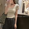 Camiseta de Color Sólido de Manga Corta con Escote en U y Hombro Descubierto para Mujer, Verano Nuevo, Ajustada, Top Corto Interior, Tendencia Ins