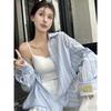 [Qualidade de Transmissão ao Vivo Tmall Douyin Original] Camisa Listrada com Listras de Sal Manga Longa para Mulheres Outono Fina Estilo Coreano Solta Casual
