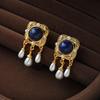 Pendientes de Perla y Lapislázuli para Mujer Moda de Alta Gama Elegantes Pendientes de Estilo de Corte Pendientes Vintage Franceses de Nicho con Aguja de Plata