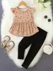 Conjunto de Verano para Niñas: Top Caqui con Estampado de Corazones y Mangas Volantes, y Leggings Negros Ajustados, Ropa Infantil Transfronteriza