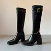 Primer Encuentro Temporada Estilo Chica Picante Botas Largas de Tacón Alto para Mujer Hebilla de Cuero Punta Cuadrada Ajustadas al Pierna Adelgazantes Botas Largas Otoño Invierno Botas de Montar