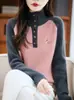 Suéter de Punto de Moda Versátil para Mujer Otoño e Invierno Cuello Semi Alto Costilla Gruesa Bordado de Caballo Bloques de Color Holgado Moda