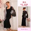 Falda de Malla para Mujer Estilo Sirena con Parches de Encaje Manga Larga Ajustada Vestido de Noche con Copas Múltiples Colores Disponibles 1267