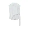 Ou FanCamisa de Manga Corta con Cuello en V de Color Sólido con Cordones en la Cintura para Mujer Estilo Verano Camisa Polo Adelgazante Top 11257