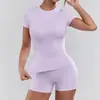 Venta Caliente Transfronteriza Ropa de Yoga para Mujer Conjunto de Manga Corta de Secado Rápido Ropa de Fitness Running Pantalones Cortos de Tacto de Alta Gama Conjunto de Dos Piezas