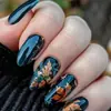 Unhas postiças de folha de bordo verde escuro retrô de alta qualidade com atmosfera de outono e inverno, 24 peças, manicure de moda europeia e americana