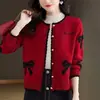 Cardigan de Tricô Estilo Japonês e Coreano para Mulheres, Suéter Jacquard com Laço de Gola Redonda para Outono e Inverno, Top Curto Estilo Preguiçoso