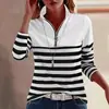 Comercio Electrónico Transfronterizo Europeo y Americano Camiseta de Manga Larga con Cuello Polo para Mujer Ropa de Otoño Ropa de Abrigo de Manga Larga Camiseta a Rayas Versátil y de Moda Ropa Interior