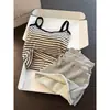 Pijama Camisola Listrado Minimalista Estilo Japonês para Mulheres, Conjunto Confortável de Verão com Bojos, Regata e Shorts, Pode Ser Usado Fora, Conjunto de Duas Peças para Loungewear
