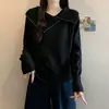 Suéter base de tricô com lapela de veludo Andy de três fios, feminino, estilo novo primavera outono, justo, chique, trabalho pesado, top com pedrarias