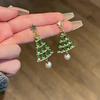 Brincos de Pinos Prateados com Borla de Pérola Imitação, Árvore de Natal de Diamante Estrela Vintage, Brincos Elegantes de Luxo Leve da Moda para Mulheres