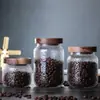 Pote de Armazenamento com Tampa de Madeira de Acácia Vidro de Alto Borossilicato Martelado Garrafa de Armazenamento para Lanches e Frutas Secas Pote Selado para Grãos de Cozinha