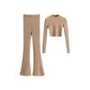 Conjunto de Pantalones Acampanados Elásticos Vintage de Cintura Alta Ajustados Elásticos y Top Corto de Punto de Manga Larga de Cuello Semi Alto para Mujer