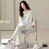 Algodón Puro Conjunto de Pijama para Mujer Manga Larga Cárdigan Rayado Dibujos Animados Ropa de Casa Nuevo Estilo Primavera y Otoño con Cuello Solapa y Pantalones Largos para Otoño