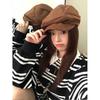 Gamuza Marrón Otoño e Invierno Color Sólido Moderno Retro Estilo Británico Plisado Gorra de Periodista Gorra de Pintor Circunferencia de Cabeza Grande Boina para Mujer