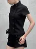 Verão Novo Design Retrô Y2K Gola Alta Cor Sólida Botão Diagonal Manga Curta Camisa para Mulheres Slim Fit Camiseta Atacado