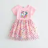 2025 Novo Verão Vestidos para Meninas Manga Curta Roupa Infantil Vestidos de Princesa Saias de Tela Infantil Saias para Meninas Unicórnio