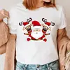 Moda Verão Feliz Natal Árvore de Natal Papai Noel Camiseta Casual Tendência de Manga Curta para Mulheres Estilo Europeu e Americano
