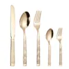 Tenedor y Cuchara de Acero Inoxidable con Mango de Textura de Diamante Creativo Juego de Cinco Piezas de Vajilla Estilo Occidental Cuchara de Postre Cuchara de Té Acabado Espejo Dorado
