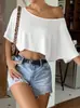 En Stock Ropa de Mujer Transfronteriza Europea y Americana Amazon Nuevo Casual para Mujer Top Corto Hombros Descubiertos Camiseta Corta Sexy