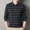 Camiseta de Manga Larga para Hombre Primavera y Otoño Nueva Casual Cuello de Solapa Hombres de Mediana Edad Raya Ancha Manga Larga Camisa Base Polo Hombre