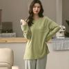 Pijama Casual Sencillo para Primavera y Otoño para Mujer Estilo Coreano Color Sólido Cuadros Mangas Largas Se Puede Usar Afuera Conjunto Suelto de Ropa para el Hogar