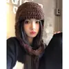 Gorro de Punto Marrón con Orejeras para Mujer, Cálido Sombrero Lei Feng para Otoño e Invierno, Hace que la Cara Parezca Más Pequeña, Circunferencia de Cabeza Grande, Gorro de Lana Engrosado a Prueba de Frío
