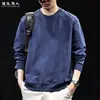 "Algodão Bambu" sweatshirt de alta qualidade estilo americano, peso pesado, bordada, gola redonda, para homens, corte solto, versátil, azul, plus size, top de outono