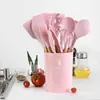Mango de Madera de Haya Transfronterizo con Cubo de Almacenamiento Juego de Utensilios de Cocina de Silicona Rosa Nueva Serie de Colores Juego de 11 Piezas para Uso Doméstico E18
