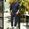 2026 Comércio Exterior Europeu e Americano Transfronteiriço Novo Terno Masculino Casual Solto de Linho de Manga Longa e Calça Longa com Gola Reversível Liso