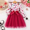 Vestido de Malla con Estampado Floral, Cuello Solapa y Mangas Largas para Niñas, Estilo Nuevo Primavera y Otoño, con Cinturón Tejido, Vestido de Princesa para Niña Europea y Americana