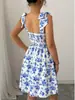 Vestido Feminino Europeu e Americano Transfronteiriço 2025 Novo Estampa Floral Cintura Alta Cadarço Doce e Fashionável Corte A