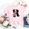 Camiseta rosa niña letra flor linda estilo ins dulce top manga corta creativa verano 2022 transfronterizo