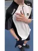 Camiseta de Estilo Jersey Americano Vintage para Hombre, Camisa Polo de Verano con Media Cremallera, Patchwork de Manga Corta, Manga Corta para Deportes al Aire Libre