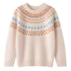 Suéter tejido versátil de punto Fair Isle para niños, cuello redondo, top de punto jacquard de corte holgado para otoño e invierno