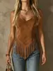 Moda Nueva Transfronteriza Camisola Vaquera Occidental de Gamuza Sin Mangas Cuello en V Corte Ajustado Favorecedor Top de Felpa de Gamuza