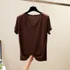 Camiseta de Manga Corta de Modal para Mujer, Verano, Cuello en V, Camiseta Básica Fina, Ajustada, Talla Grande, Holgada, Color Sólido, Top