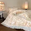 Juego de cama romántico de cuatro piezas estilo francés bordado de terciopelo de leche, engrosado, cálido, antiestático, con funda de edredón de encaje estilo coreano