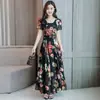 Vestido de verano coreano de punto redondo con estampado largo de seda helada para mujer de mediana edad talla grande falda grande tamaño de pie 180g