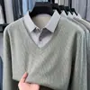 Camisa de Tricô Masculina Dois em Um Estilo Old Money Outono 2026 Nova Camisa Casual Masculina com Gola Imitação de Caxemira